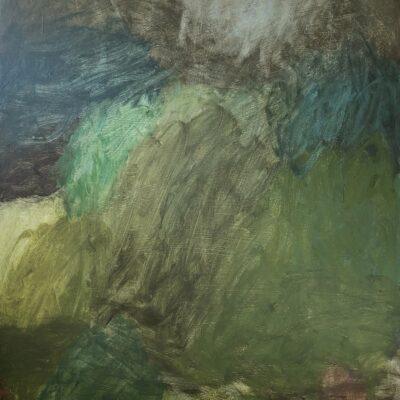 Gardening Across the Road I, 2025, oil and acrylic on repurposed board, 50 x 46 cm