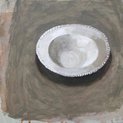 White Dessert Bowl, 2025, acrylic and oil on repurposed board