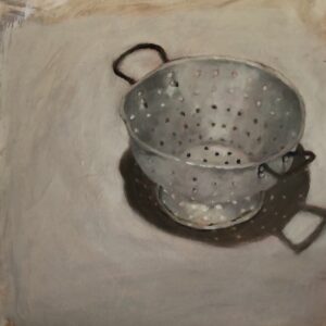 Colander III, 2025, acrylic and oil on repurposed board, 35 x 30 cm