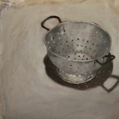 Colander III, 2025, acrylic and oil on repurposed board, 35 x 30 cm