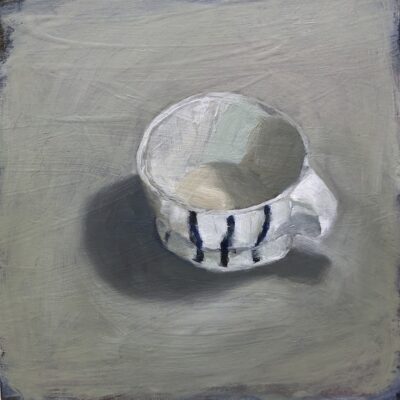 Striped coffee cup, 2025, acrylic and oil on repurposed board