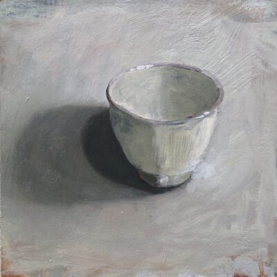 White teacup, 2025, acrylic and oil on repurposed board